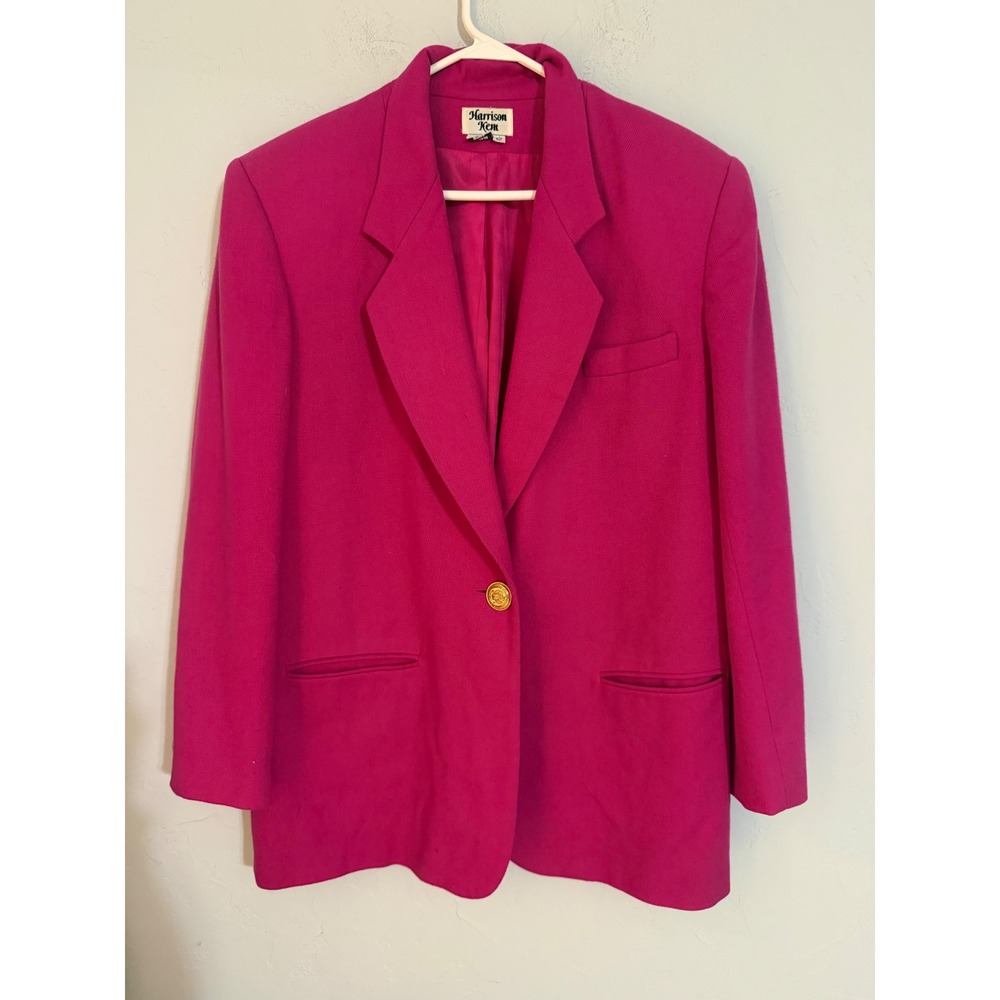 Vintage Harrison Kent Womens 12 Fuchsia Pink 100% Wool Blazer Gold Crest Button